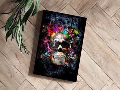 Neon Splatter Skull With Sunglasses Aluminum Print