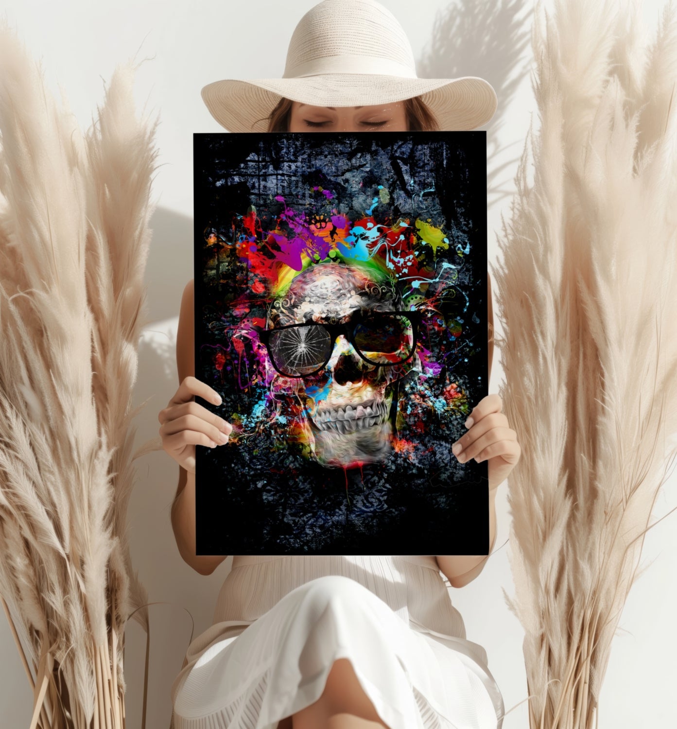 Neon Splatter Skull With Sunglasses Aluminum Print