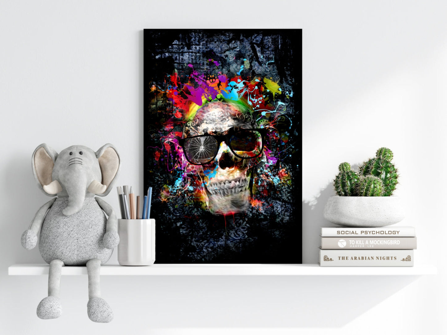 Neon Splatter Skull With Sunglasses Aluminum Print