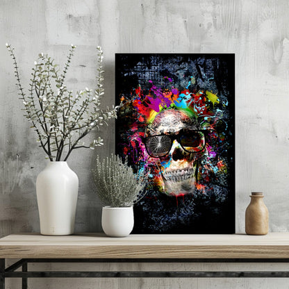 Neon Splatter Skull With Sunglasses Aluminum Print