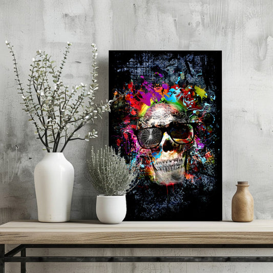 Neon Splatter Skull With Sunglasses Aluminum Print