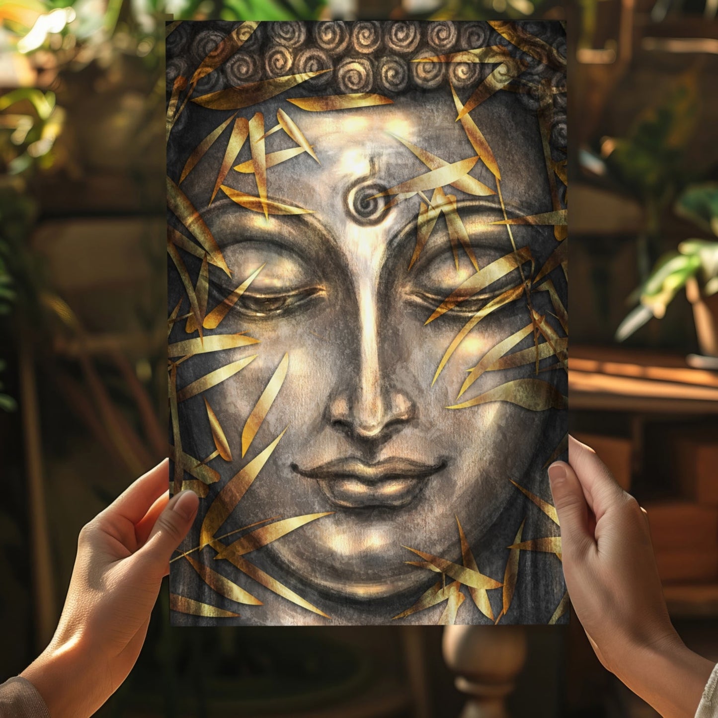 Gold Bamboo Leaves Bronze Buddha Aluminum Print