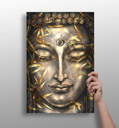Gold Bamboo Leaves Bronze Buddha Aluminum Print