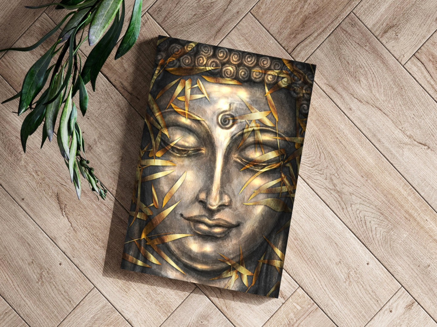 Gold Bamboo Leaves Bronze Buddha Aluminum Print