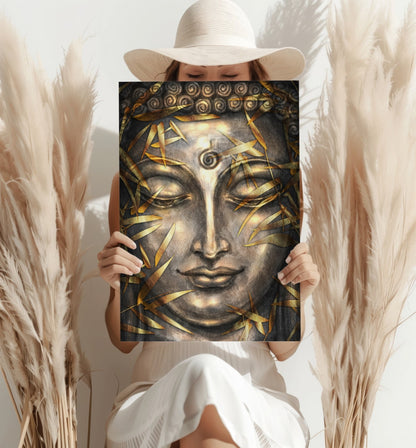 Gold Bamboo Leaves Bronze Buddha Aluminum Print
