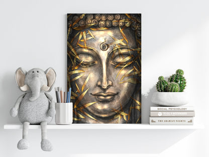 Gold Bamboo Leaves Bronze Buddha Aluminum Print