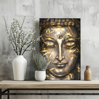 Gold Bamboo Leaves Bronze Buddha Aluminum Print