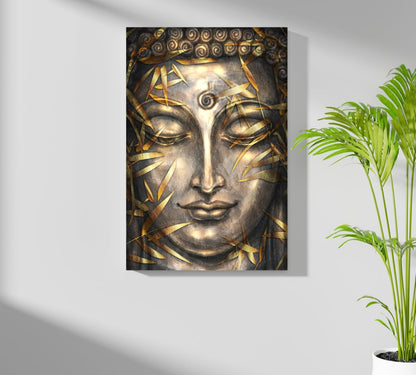 Gold Bamboo Leaves Bronze Buddha Aluminum Print
