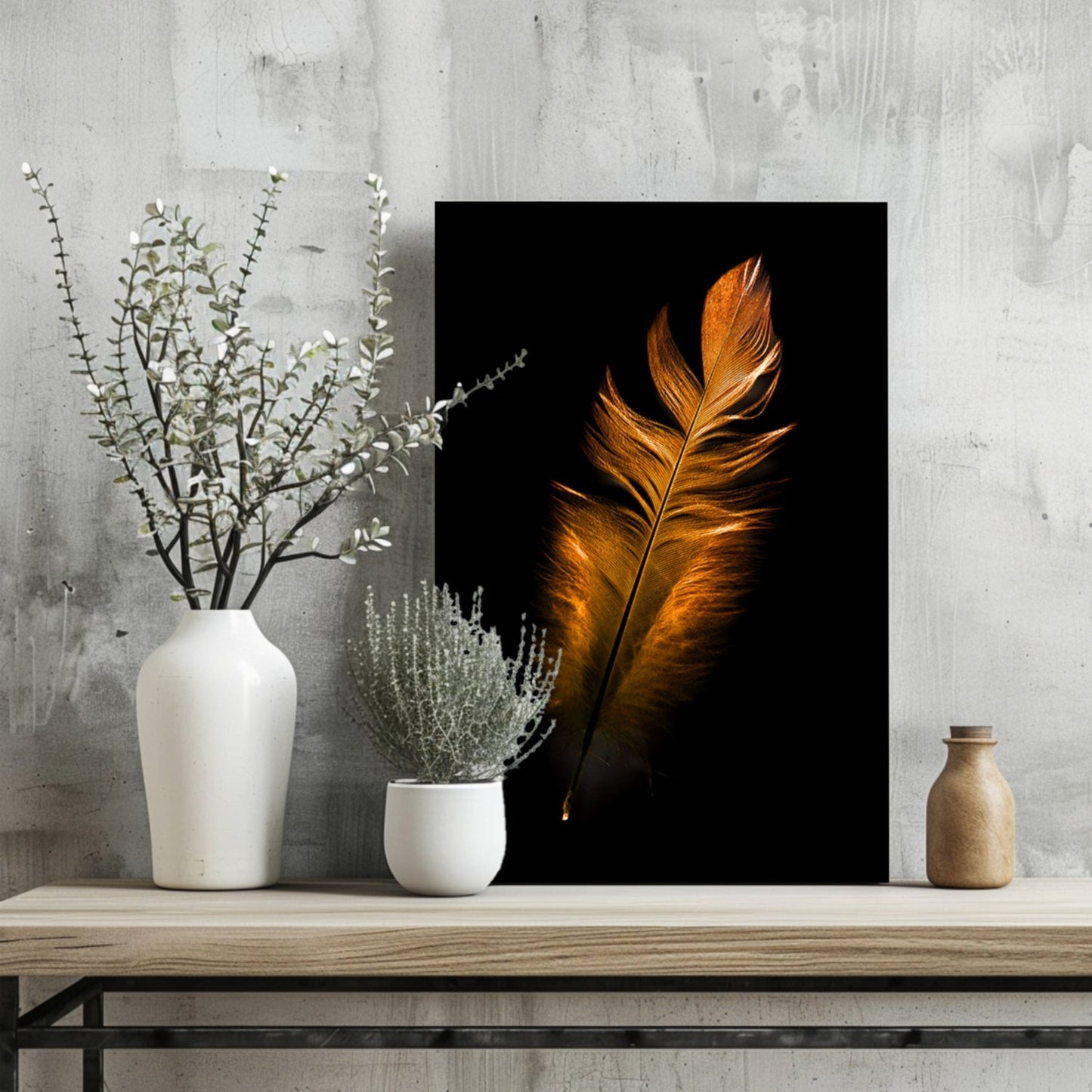 Single Bronze Feather On Black Aluminum Print
