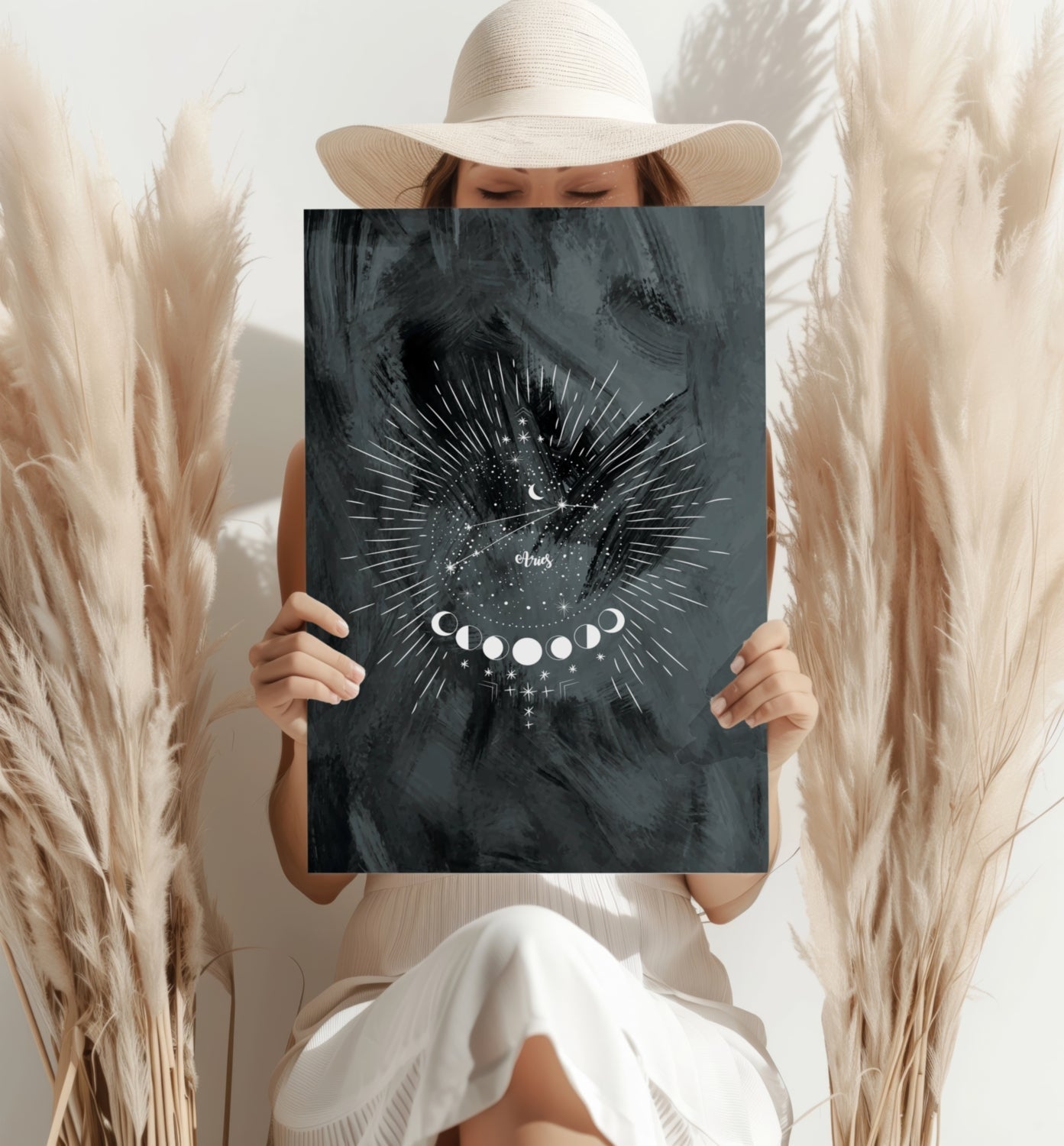 Charcoal Aries Constellation Moon Aluminum Print