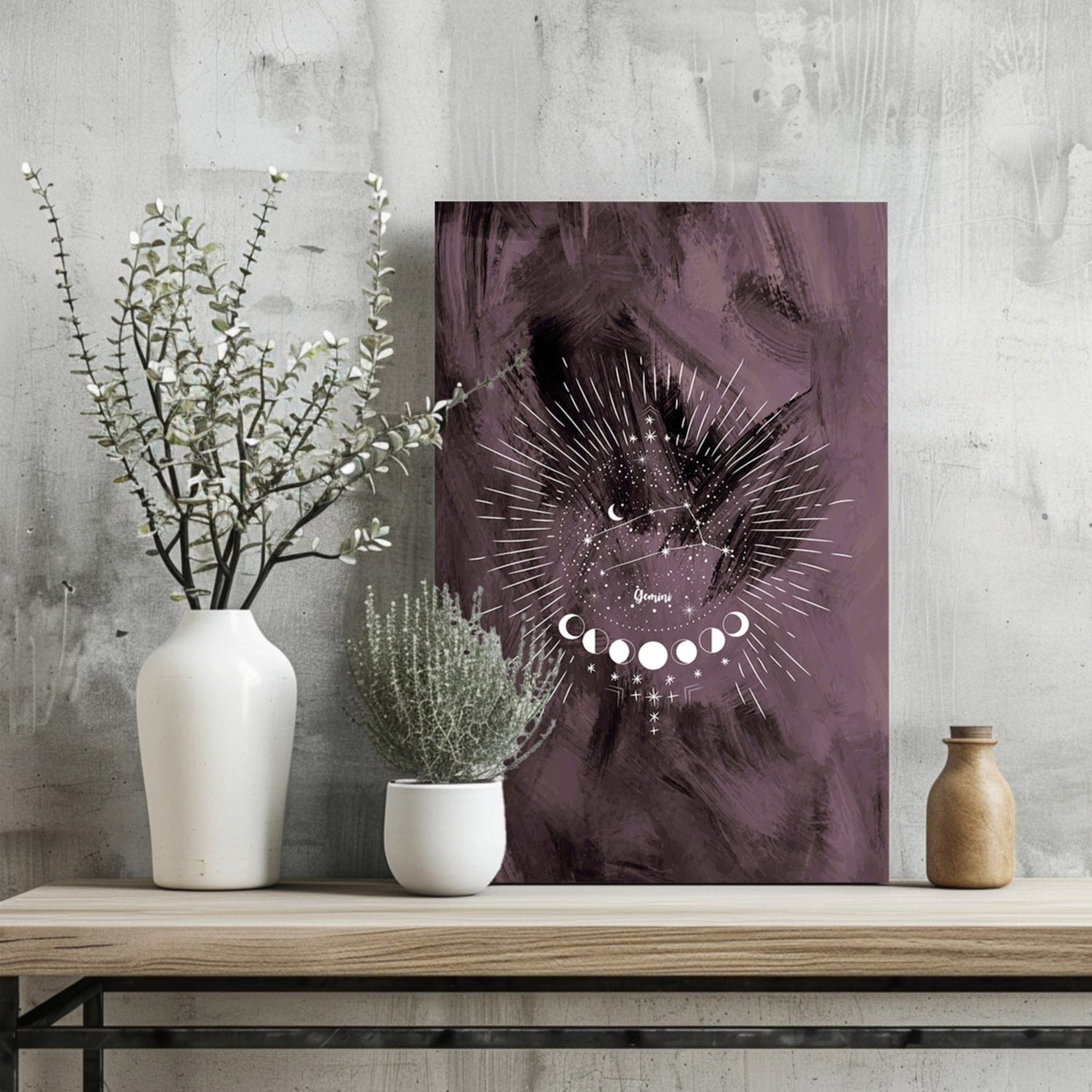 Plum Gemini Constellation Moon Phases Aluminum Print