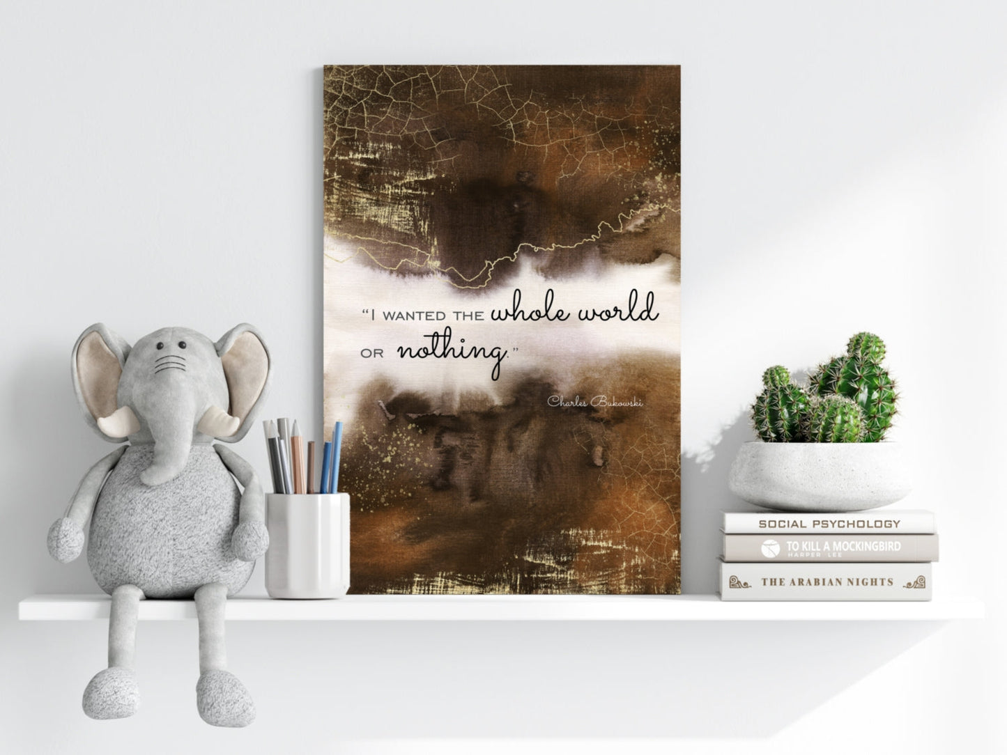 Brown Gold Cracked Ink Whole World Quote Aluminum Print