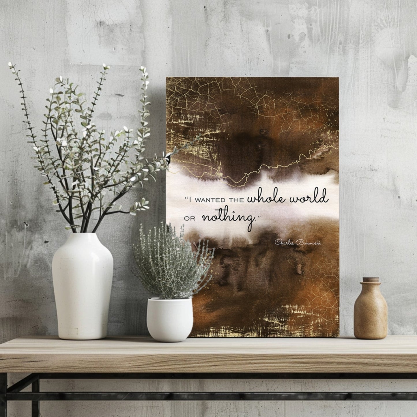 Brown Gold Cracked Ink Whole World Quote Aluminum Print