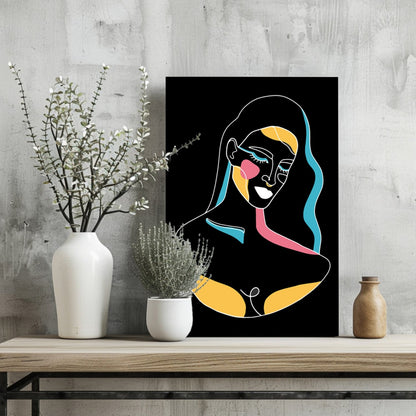 Neon Accent Line Art Woman On Black Aluminum Print