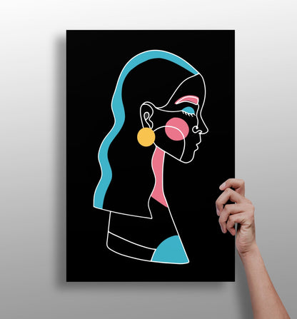 Yellow Earring Line Art Woman Profile Aluminum Print