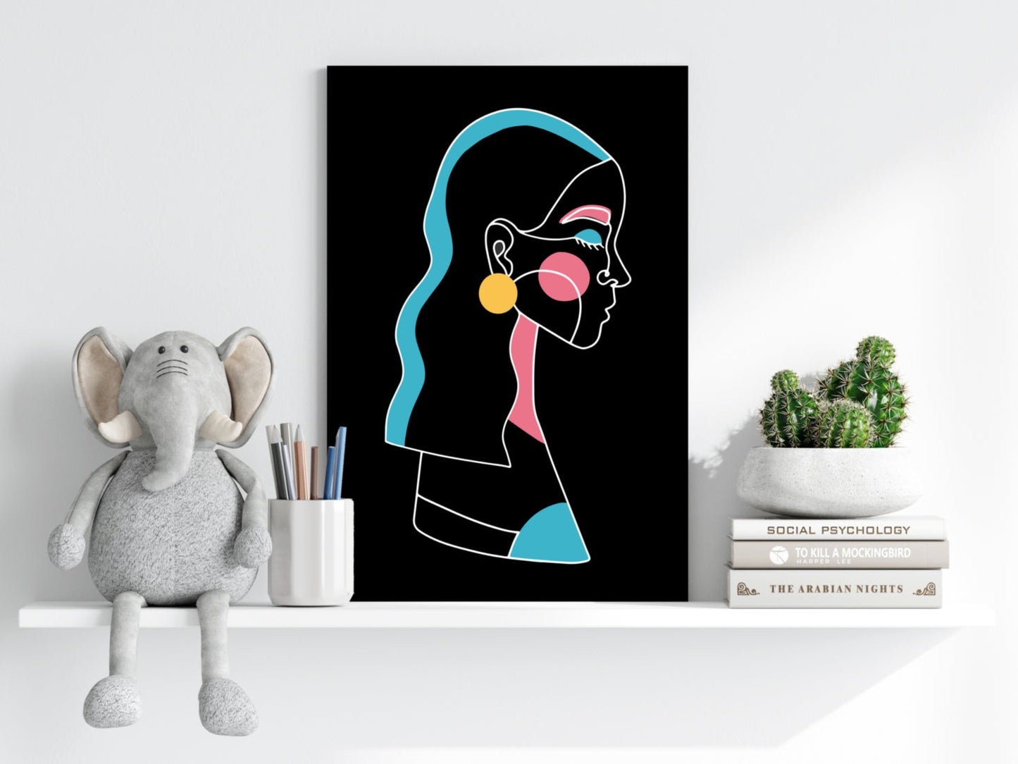 Yellow Earring Line Art Woman Profile Aluminum Print