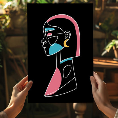Pink Hair Crescent Earring Line Art Woman Aluminum Print