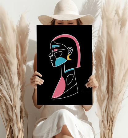 Pink Hair Crescent Earring Line Art Woman Aluminum Print