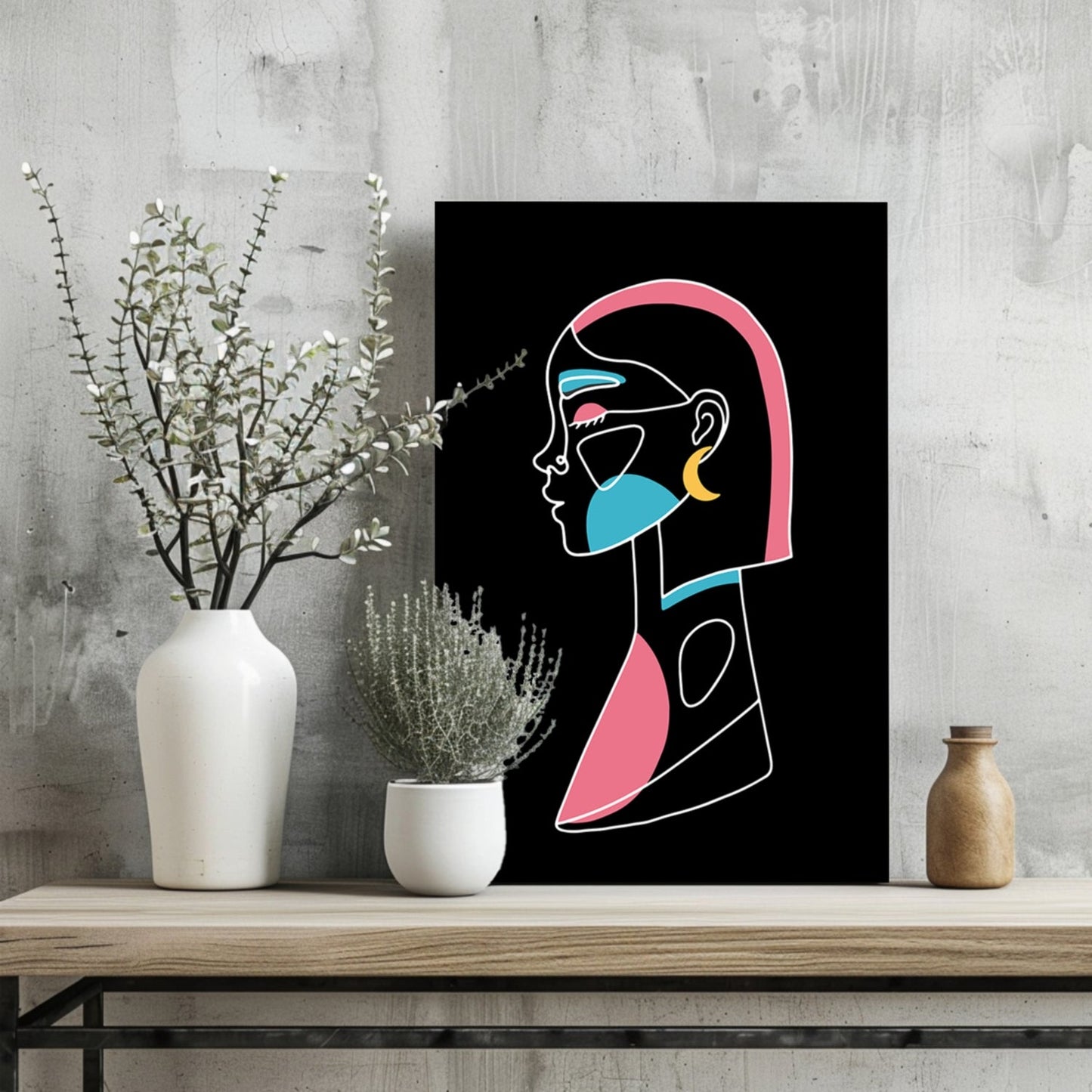 Pink Hair Crescent Earring Line Art Woman Aluminum Print