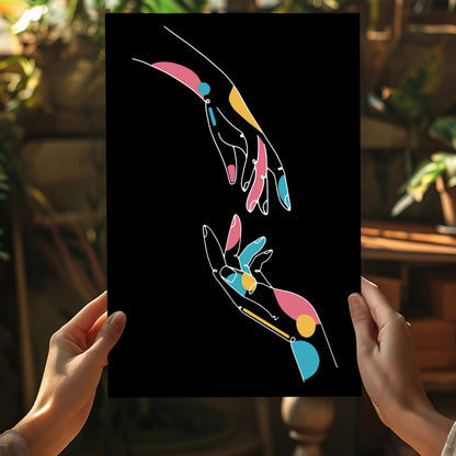 Two Reaching Hands Line Art On Black Aluminum Print