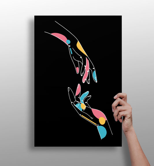 Two Reaching Hands Line Art On Black Aluminum Print