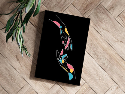 Two Reaching Hands Line Art On Black Aluminum Print