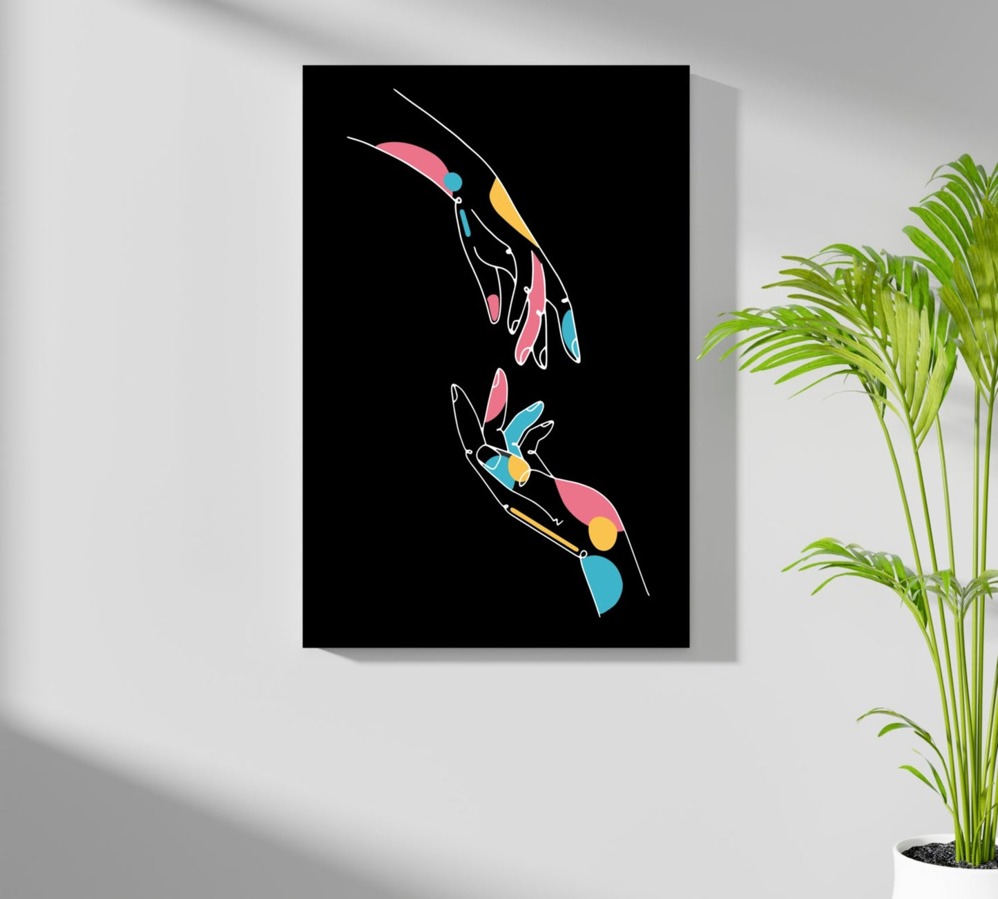 Two Reaching Hands Line Art On Black Aluminum Print