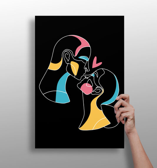 Kissing Couple Heart Line Art On Black Aluminum Print