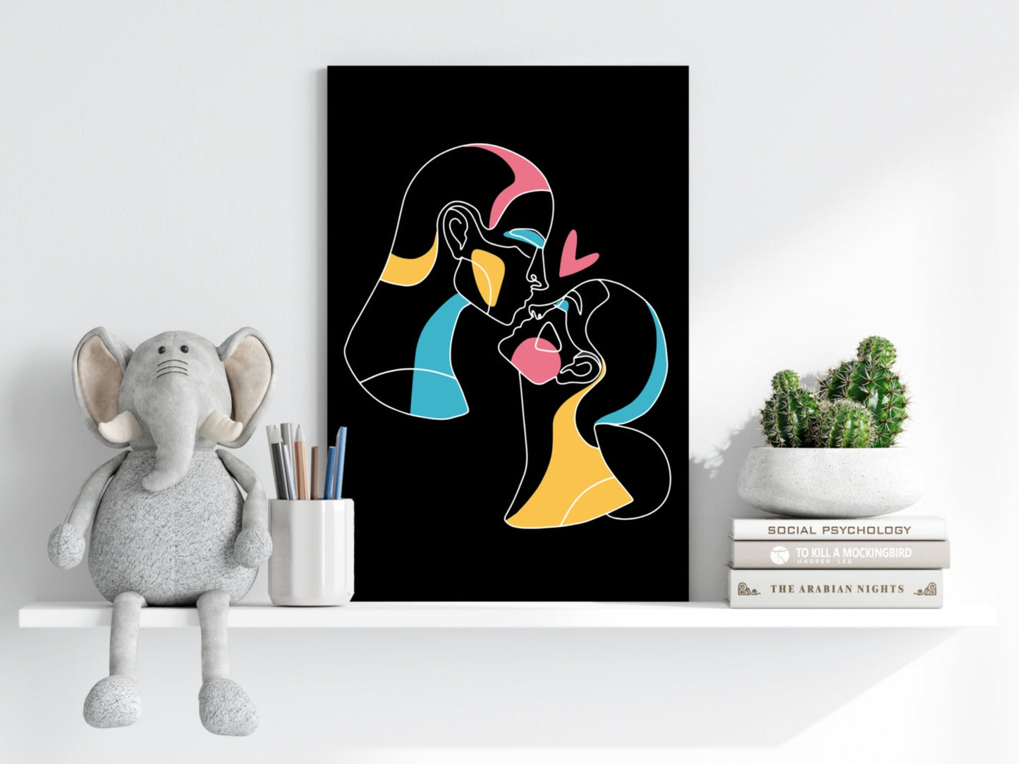 Kissing Couple Heart Line Art On Black Aluminum Print