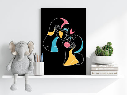 Kissing Couple Heart Line Art On Black Aluminum Print