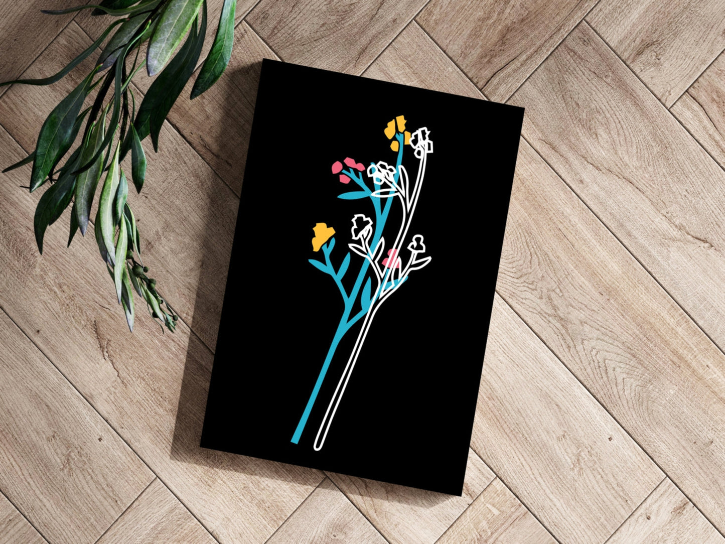 Teal Stem Wildflowers Line Art On Black Aluminum Print