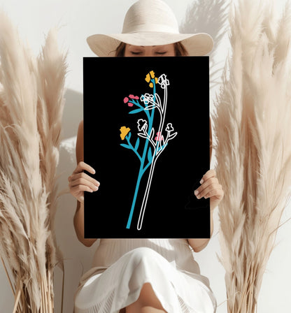 Teal Stem Wildflowers Line Art On Black Aluminum Print