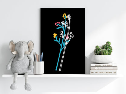 Teal Stem Wildflowers Line Art On Black Aluminum Print