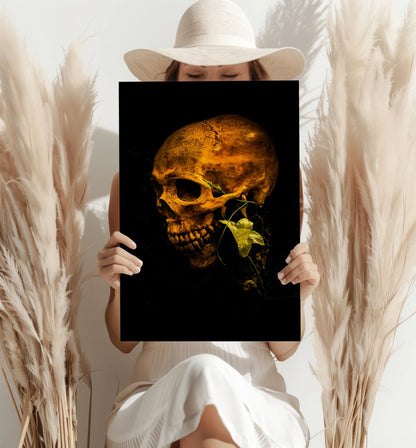 Golden Lit Skull With Ivy Leaf Aluminum Print