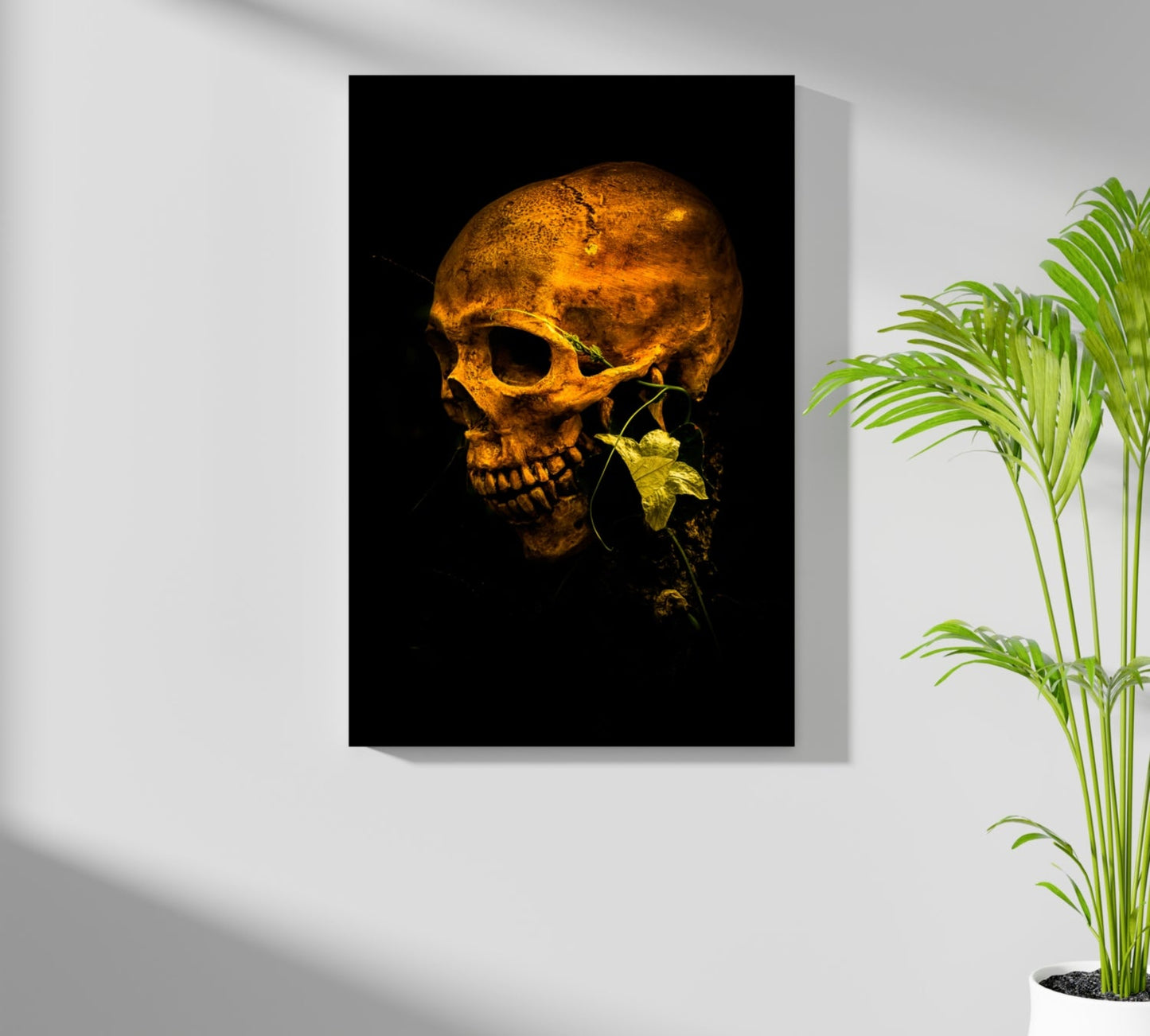 Golden Lit Skull With Ivy Leaf Aluminum Print