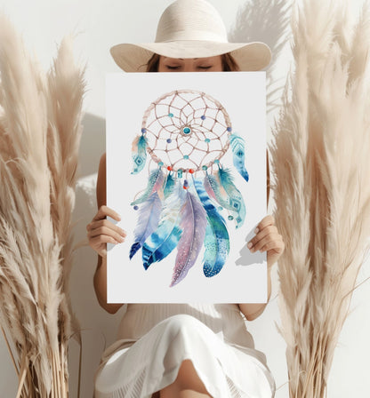 Turquoise Watercolor Feather Dreamcatcher Aluminum Print