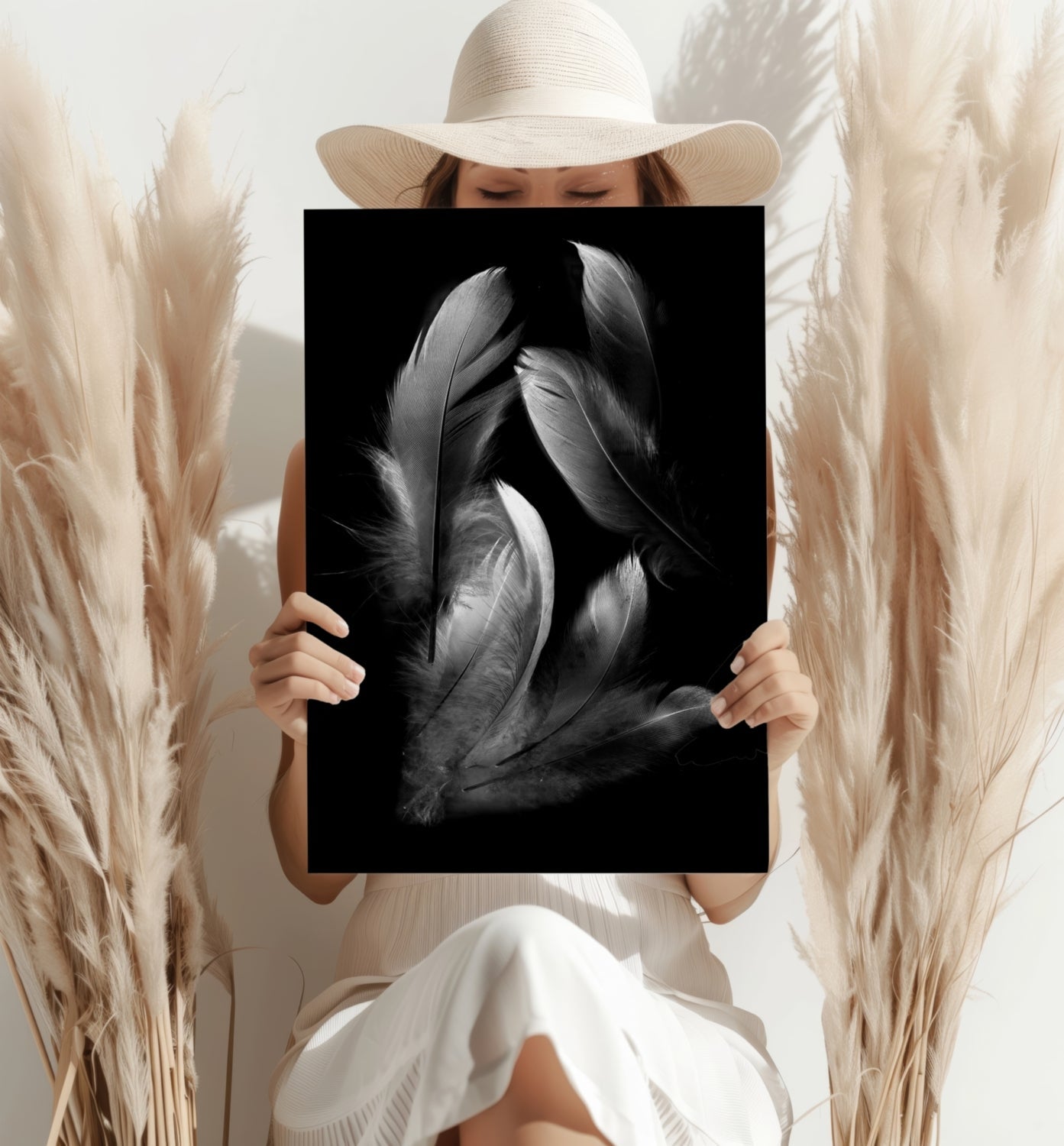 White Feather Cluster On Black Aluminum Print