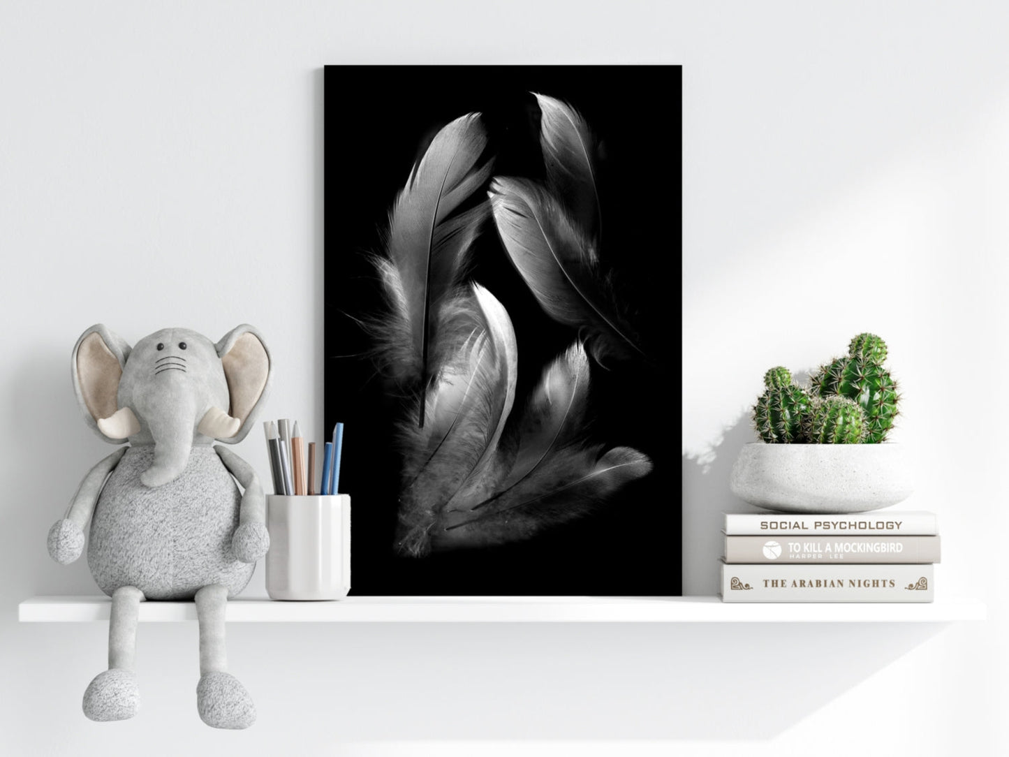 White Feather Cluster On Black Aluminum Print