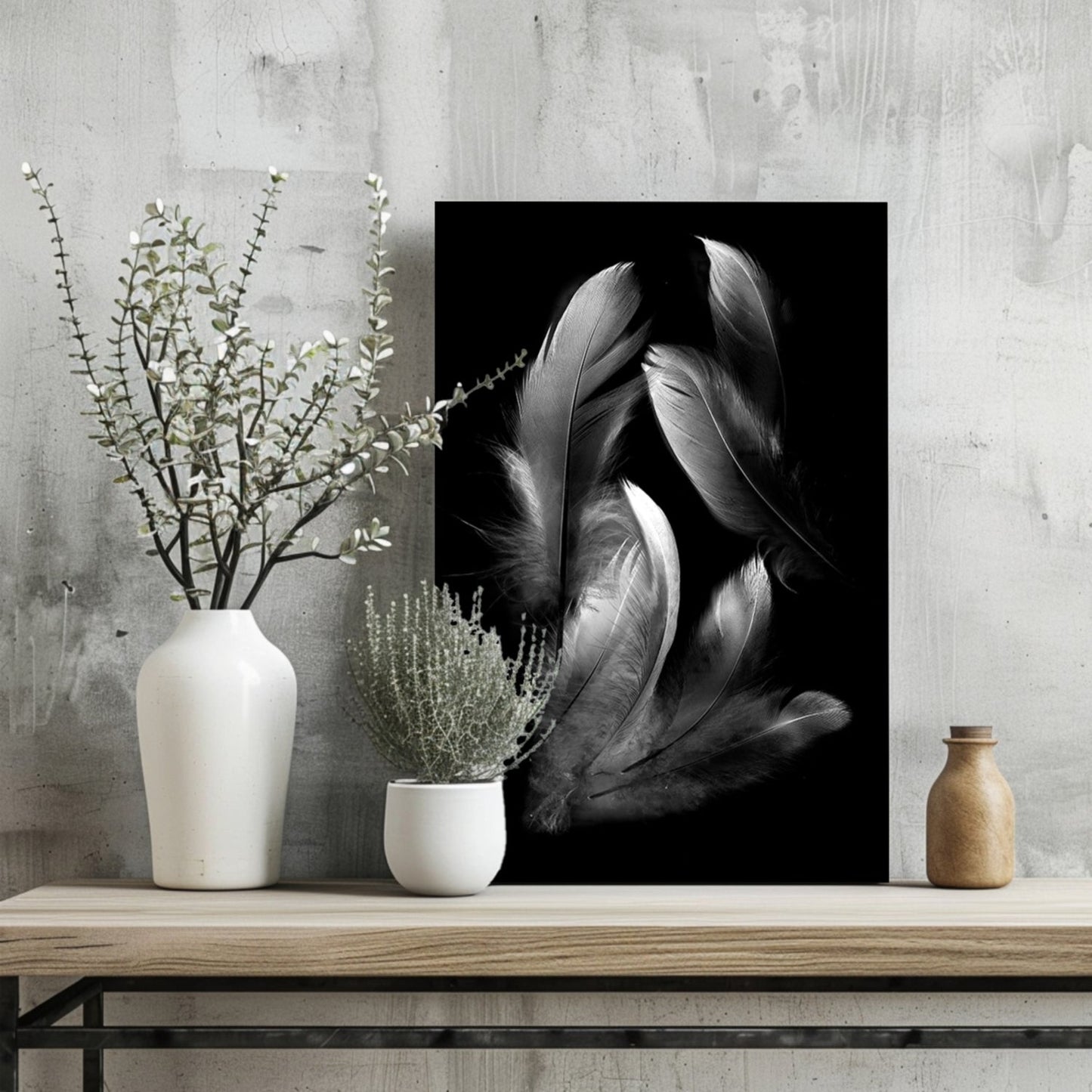 White Feather Cluster On Black Aluminum Print