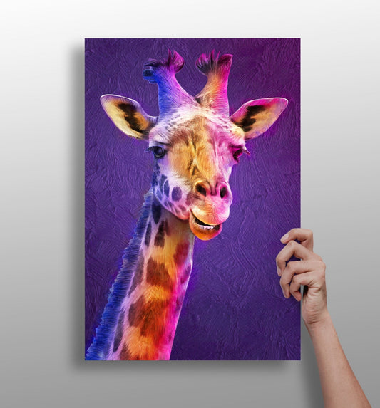 Purple Pink Smiling Giraffe Portrait Aluminum Print