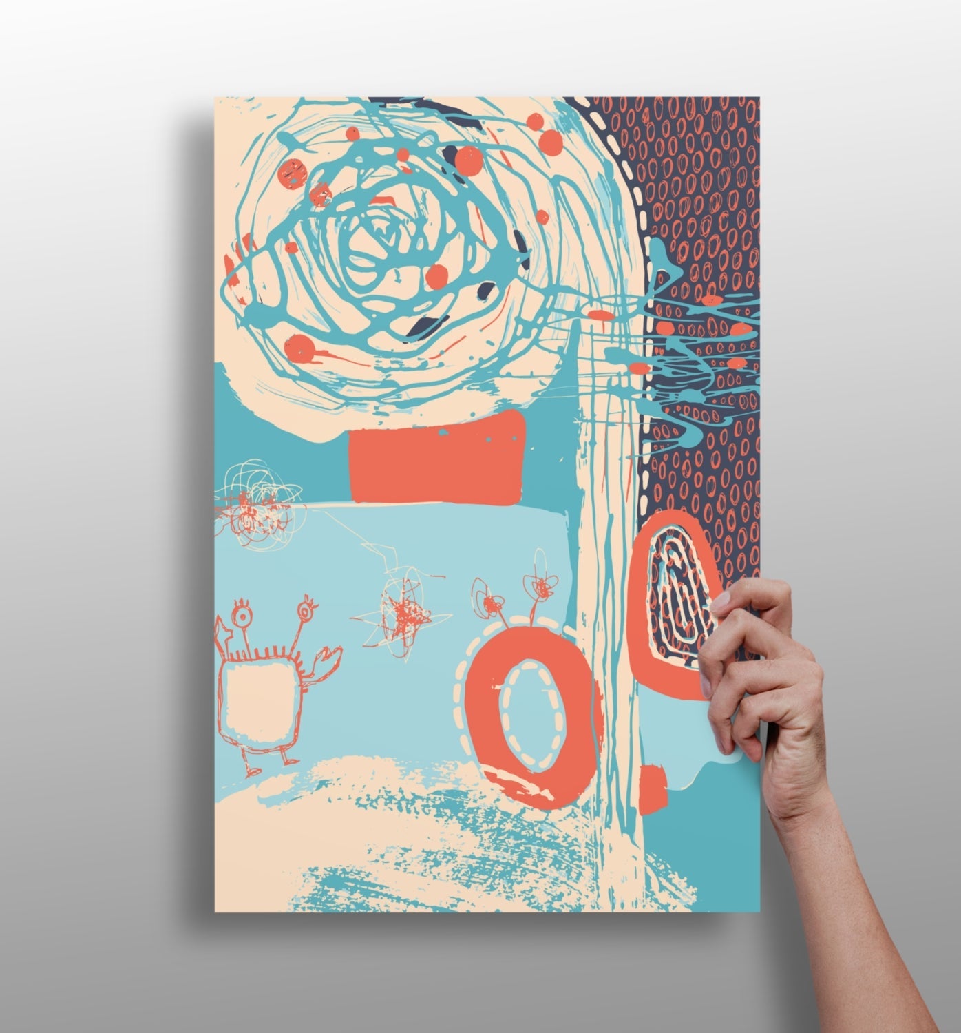 Teal Spiral and Coral Rings Abstract Aluminum Print