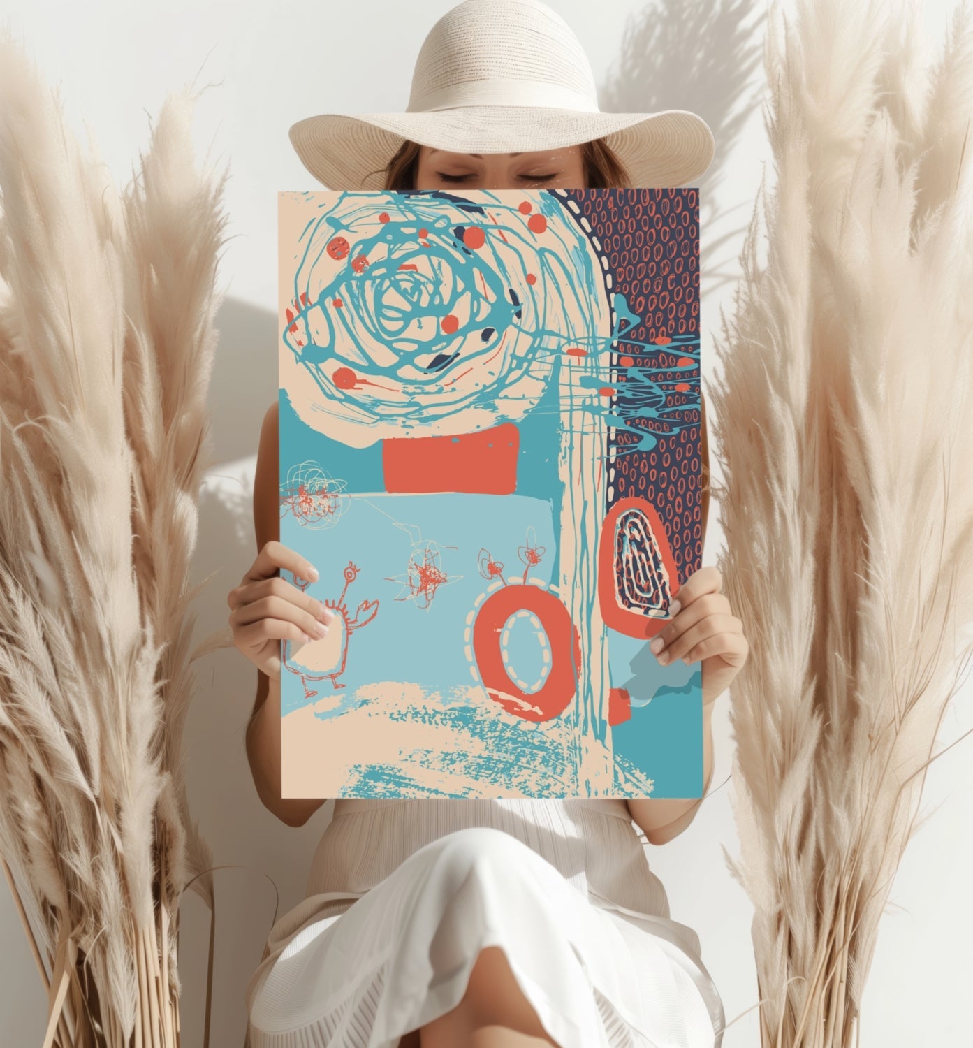 Teal Spiral and Coral Rings Abstract Aluminum Print