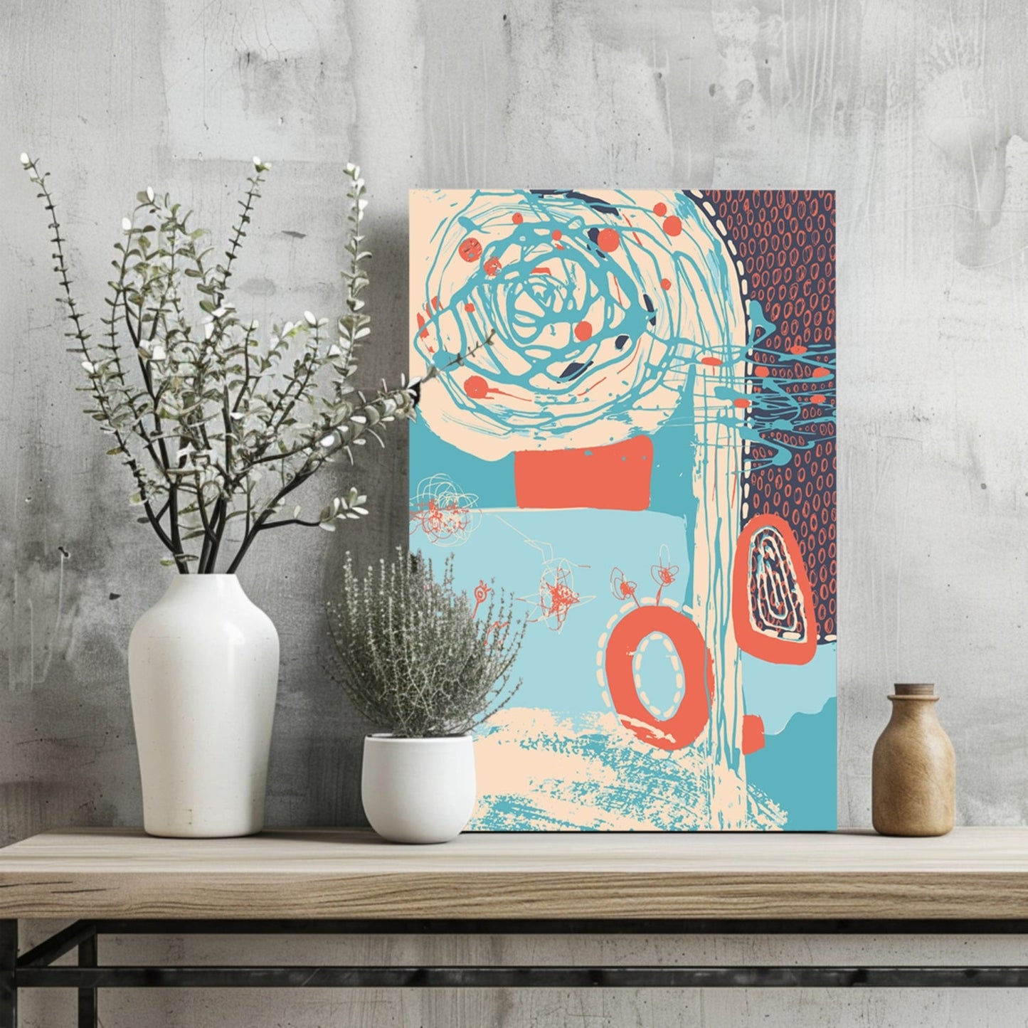 Teal Spiral and Coral Rings Abstract Aluminum Print