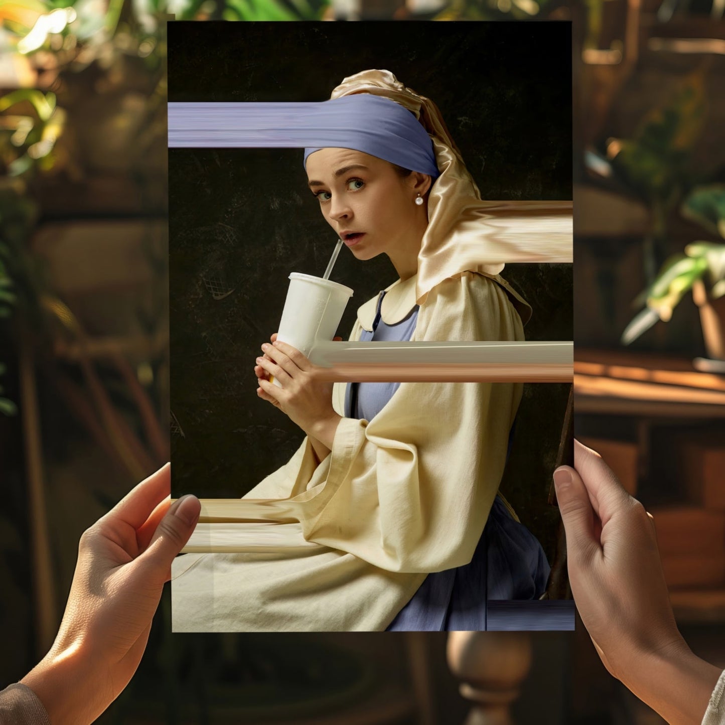 Pearl Earring Girl Soda Cup Glitch Aluminum Print