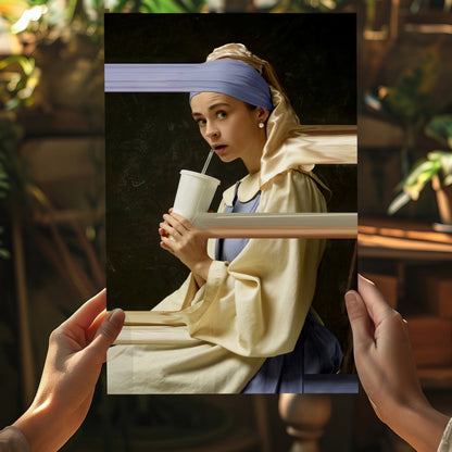 Pearl Earring Girl Soda Cup Glitch Aluminum Print
