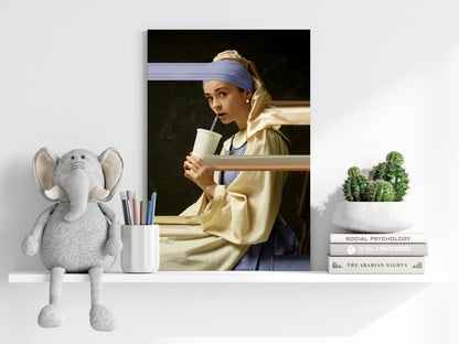 Pearl Earring Girl Soda Cup Glitch Aluminum Print
