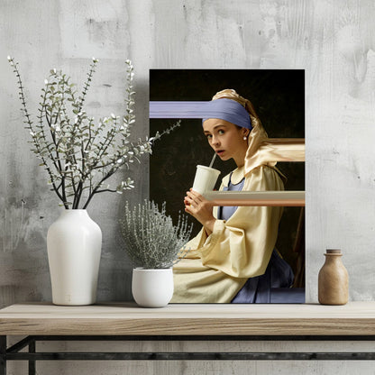 Pearl Earring Girl Soda Cup Glitch Aluminum Print