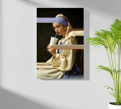 Pearl Earring Girl Soda Cup Glitch Aluminum Print