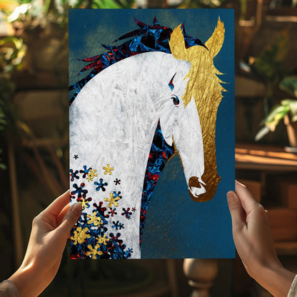 Gold Mane White Horse on Teal Blue Aluminum Print