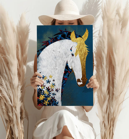 Gold Mane White Horse on Teal Blue Aluminum Print